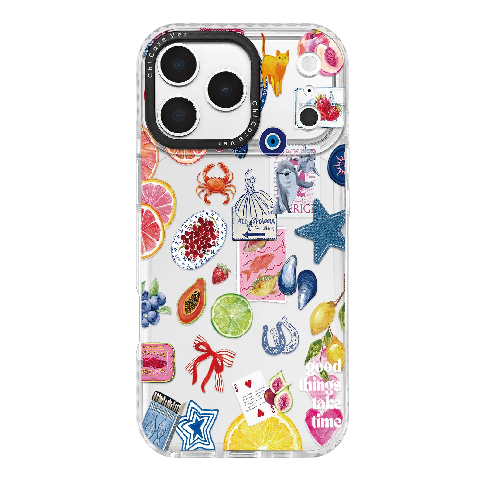 ChiCaseVer for iPhone 17 Pro Case, Coastal Fruit Collage Pattern with Lucky Charms, Boho Y2K Soft Slim TPU Protective & Camera P