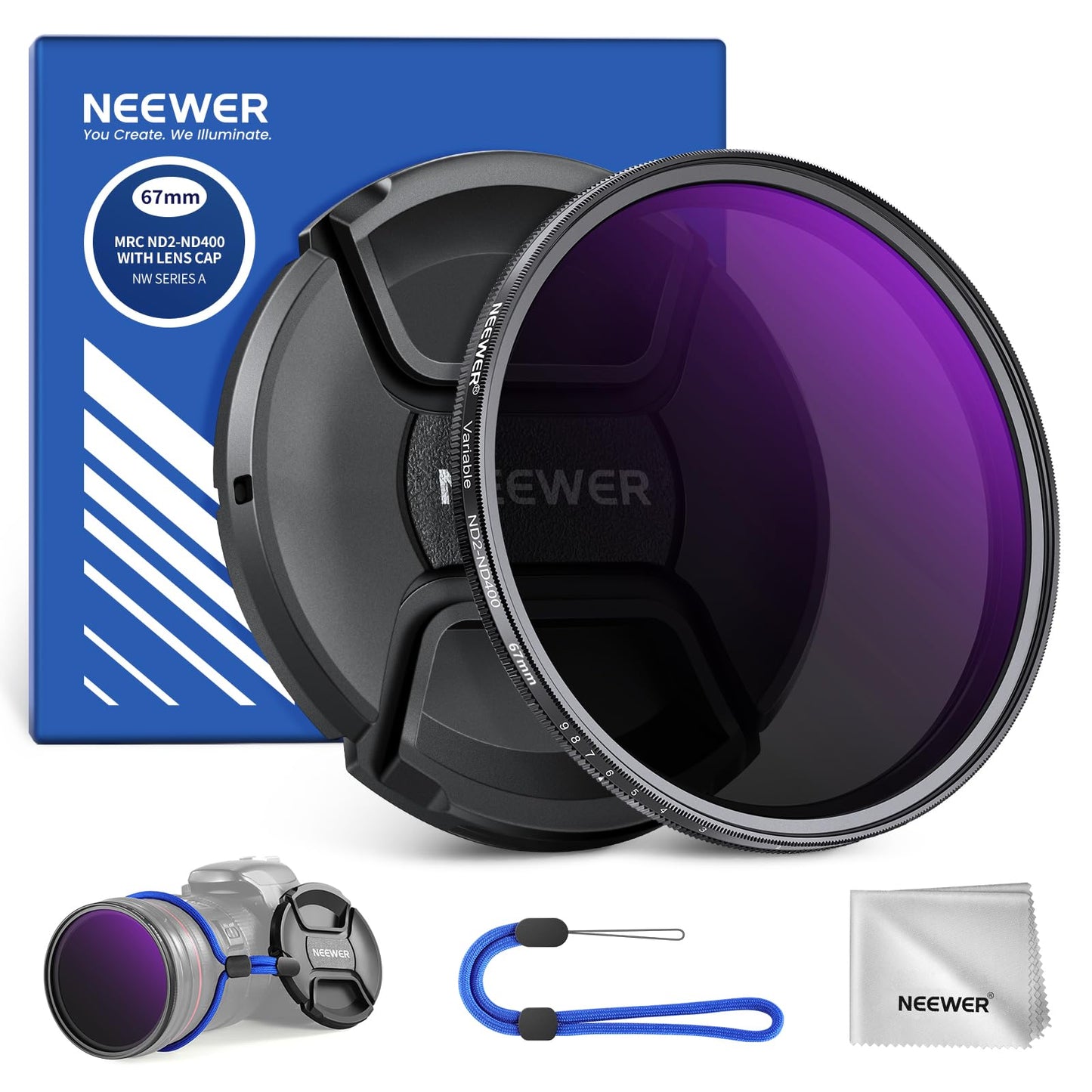 NEEWER 67mm ND2-400 (1-9 Stops) Variable ND Filter with Lens Cap, Lanyard, Cleaning Cloth, Precise Neutral Density Adjustment, F