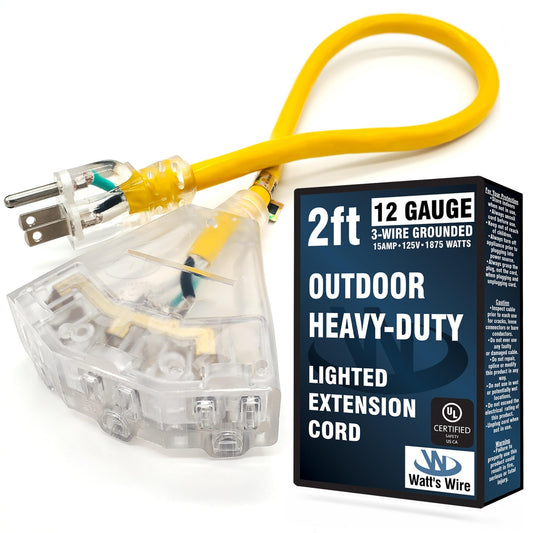 2 ft Heavy Duty Extension Cord - 12 Gauge Outdoor Extension Cord - Lighted Mulitiple Outlets by Watts Wire - 2 12-Gauge Ground