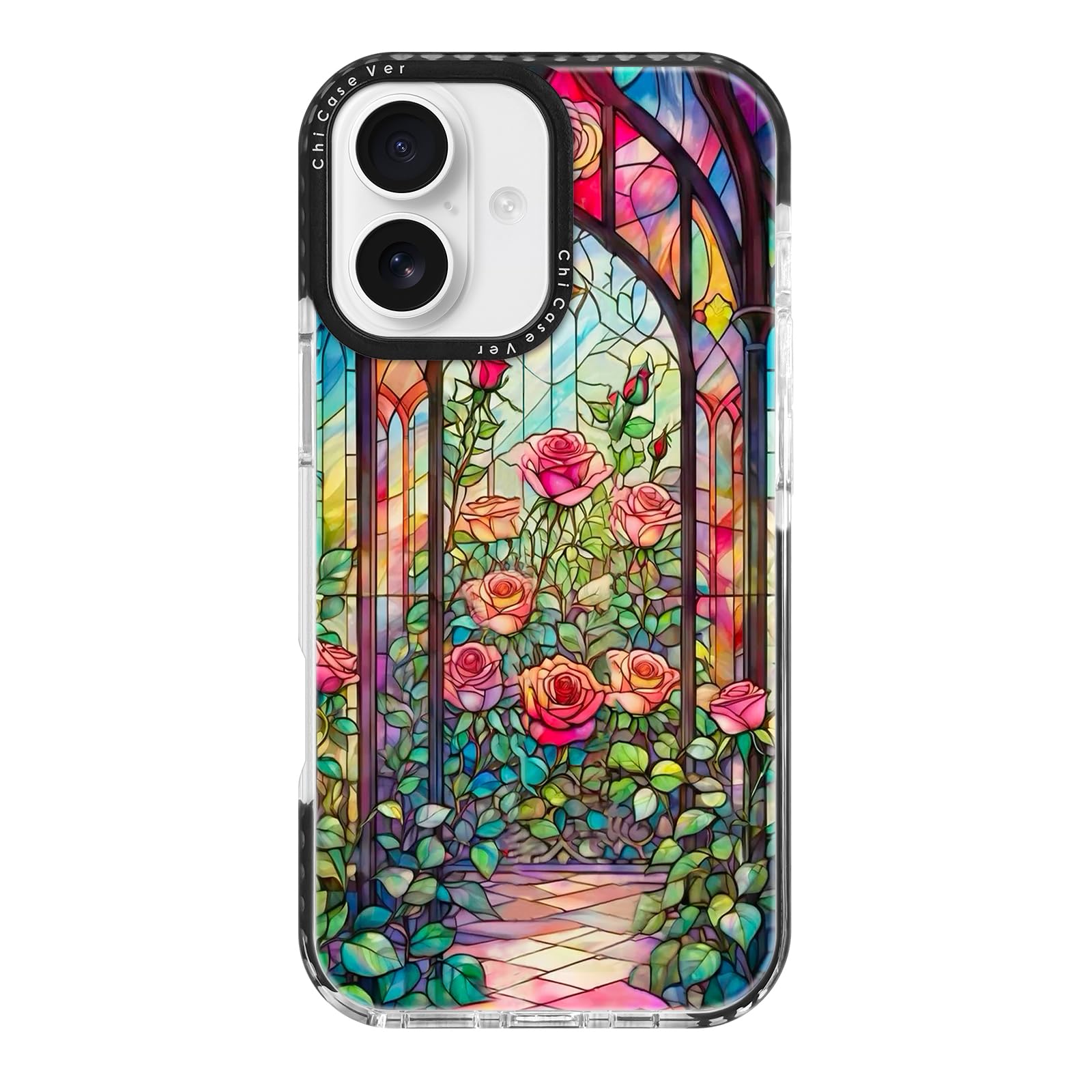 ChiCaseVer for iPhone 16 Plus Case,Stained Glass Rose Garden Pattern,Military-Grade Drop Protection,Elegant Floral Soft Slim TPU