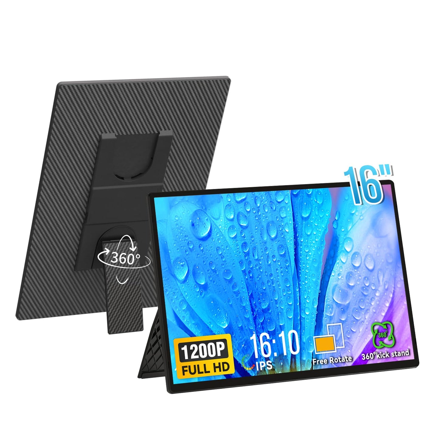 Portable Monitor 16 1200P FHD Laptop Screen Extender, Horizontal Vertical Monitors with Detachable Kickstand, Built-in Speakers,