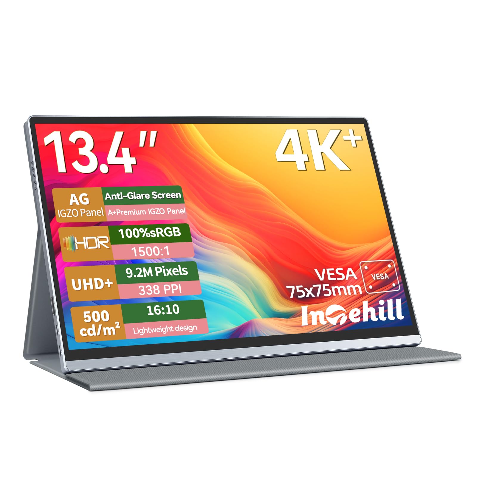 Intehill Portable Monitor 4k,Anti-Glare 13.4 3840 * 2400 IGZO Screen, 4K Portable Travel Monitor, 1500:1,500 Nits Screen,HDR,sRG