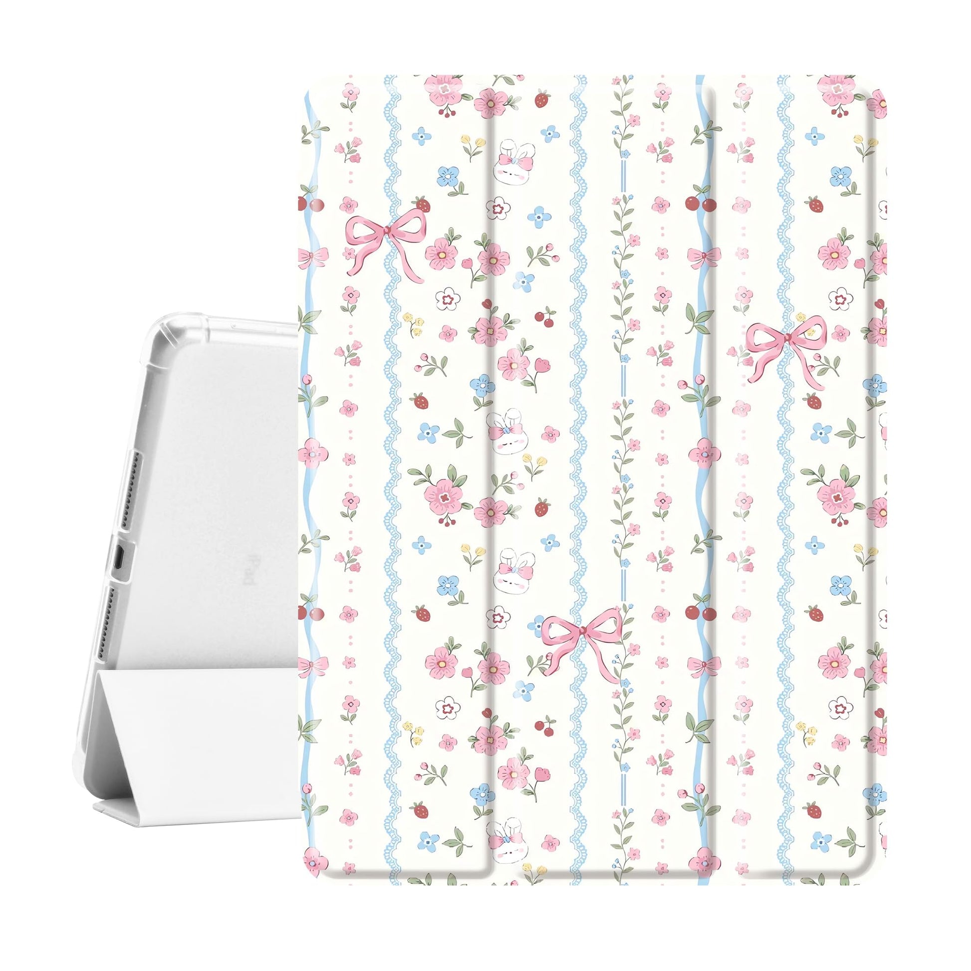 Idocolors Cute Kawaii Floral Bunny Bow Pad Case for 10.9 Inch iPad 2022/2025(iPad 10th/11th Gen), Clear TPU Smart Stand Back Cov