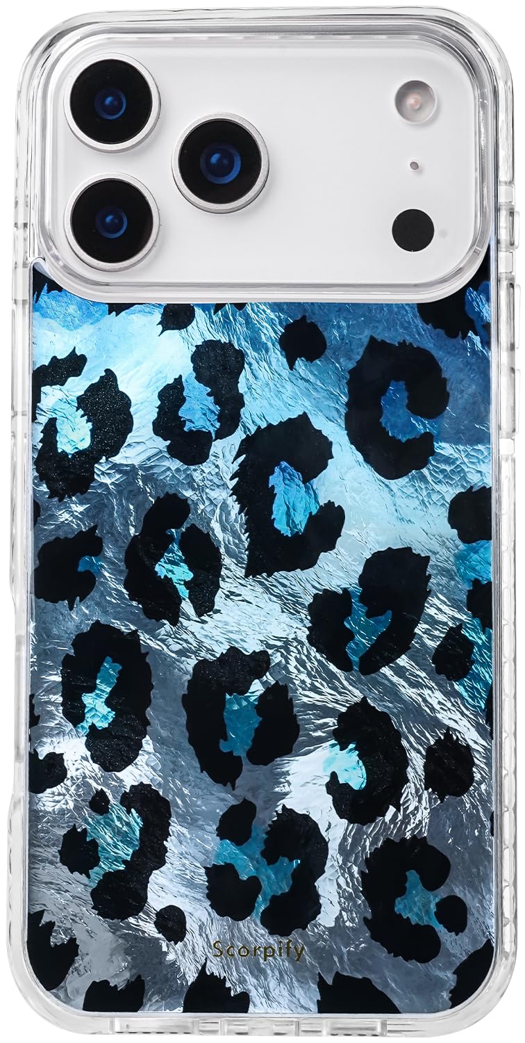 SCORPIFY for iPhone 17 Pro Max Case [Compatible with MagSafe] with Blue Shimmer Leopard Print and Liquid Silver Texture, Cute Ma