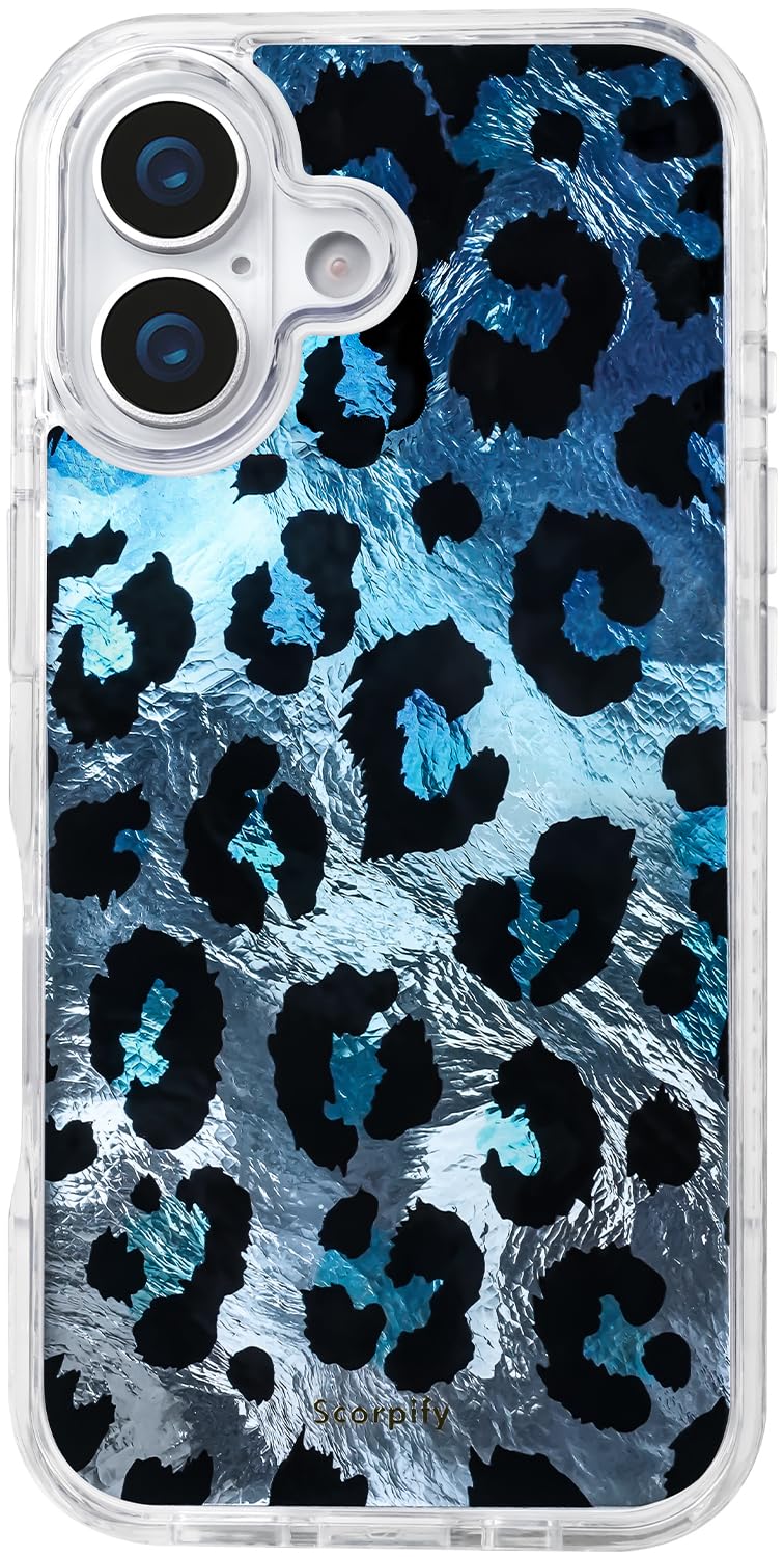 SCORPIFY for iPhone 17 Case [Compatible with MagSafe] with Blue Shimmer Leopard Print and Liquid Silver Texture, Cute Magnetic P
