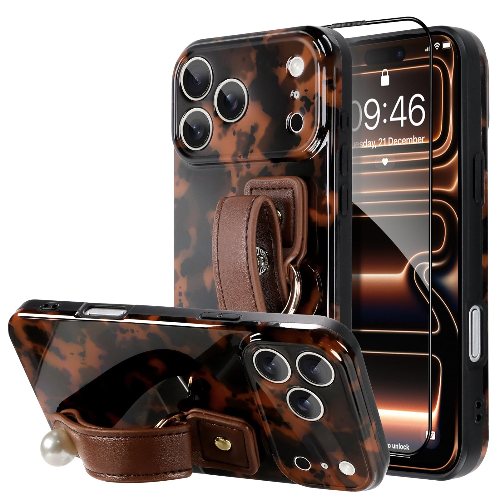 Wlxee Case for iPhone 17 Pro, Stylish Leopard with Strap Amber Design Slim & Shockproof Translucent Matte Brown Cover with with