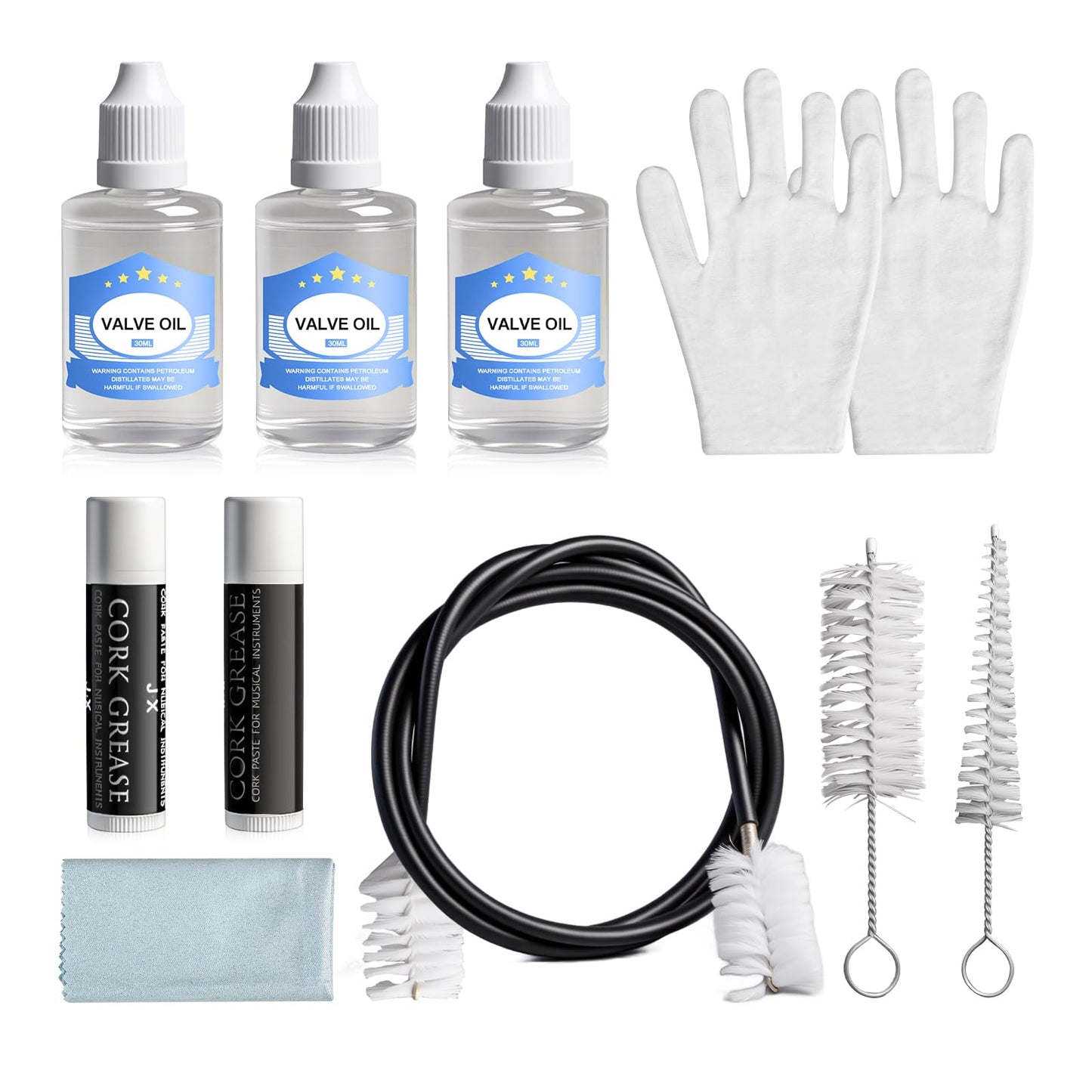 Trumpet Cleaning Kit - 3 Trumpet Lubricating Valve Oil, 2 Slide Grease,Valve, Mouthpiece, Flexible Bore Brush and Cleaning Cloth