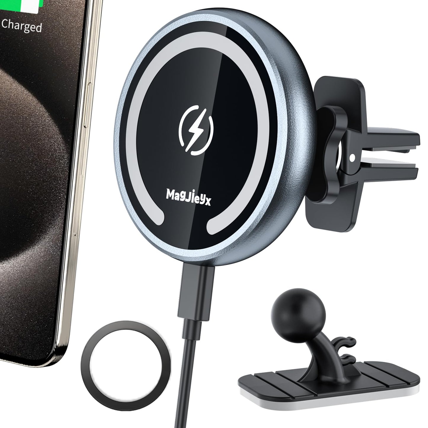 Magjieyx for Magsafe Car Mount Wireless Charger Magnetic Fast Charging Compatible with iPhone 16,15,14,13,12,Pro Max,Mini,Magsaf