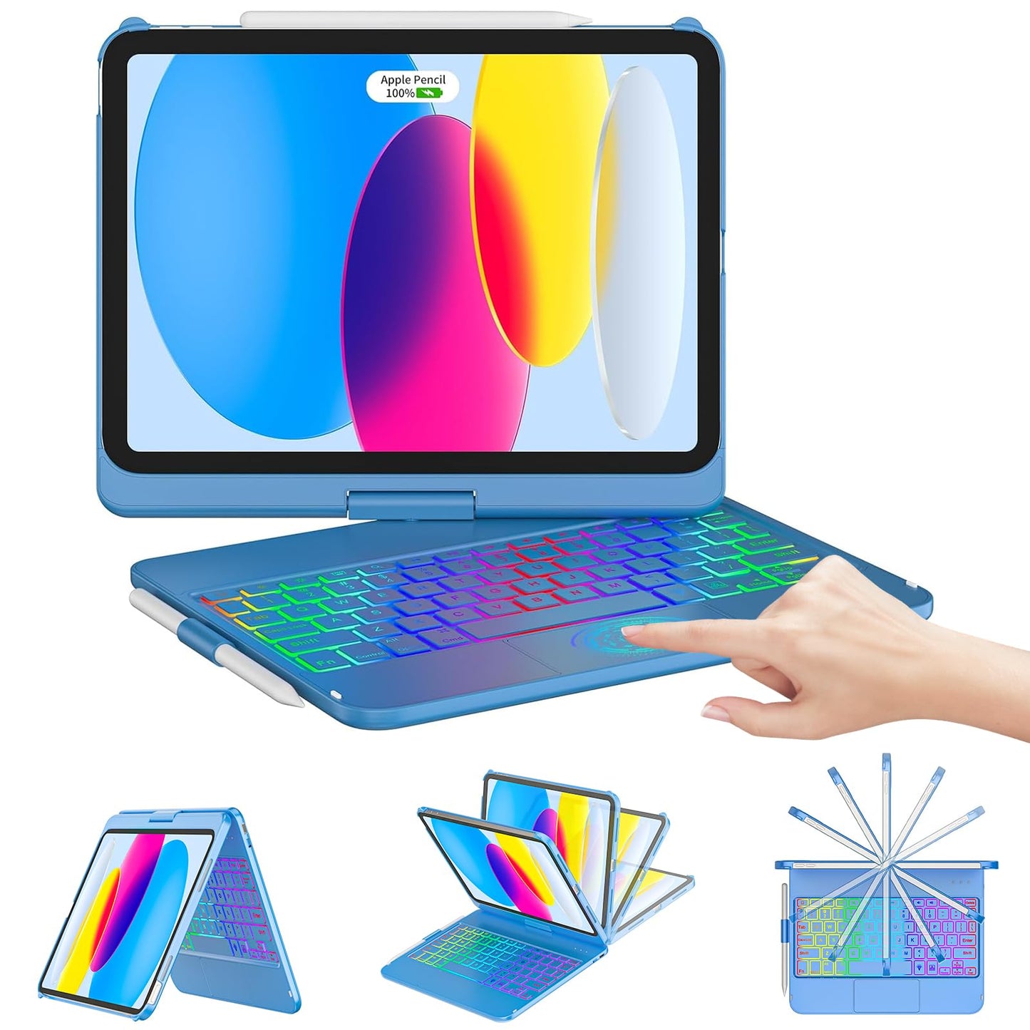 CC Store for iPad (A16) 11th 10th Generation Case with Keyboard - 7 Color Backlit 360 Swivel Multi-Touch Track Pencil Holde for