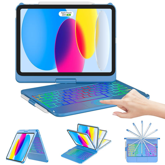 CC Store for iPad (A16) 11th 10th Generation Case with Keyboard - 7 Color Backlit 360 Swivel Multi-Touch Track Pencil Holde for