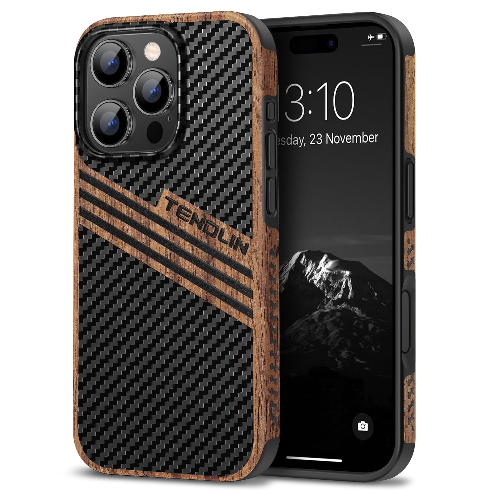 TENDLIN Compatible with iPhone 16 Pro Phone Case Wood Grain with Carbon Fiber Texture Design Leather Hybrid Slim Case (Three Str