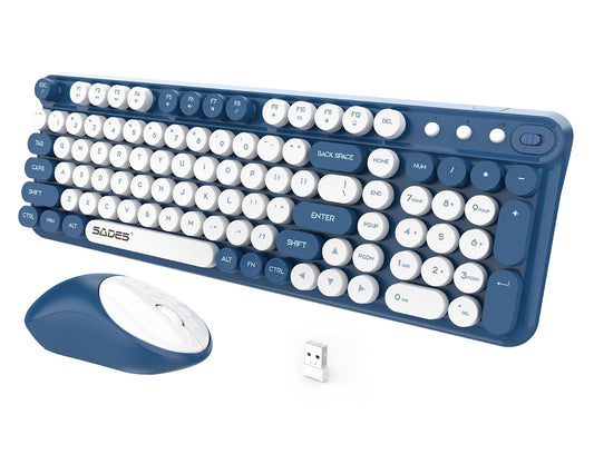 Wireless Keyboard and Mouse,Cute Retro Typewriter Computer Keyboard and Mouse Sets,Full SIze 2.4G Cordless Colorful Round Keycap