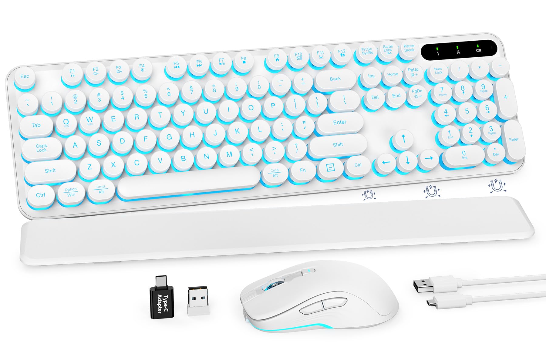 Wireless Keyboard and Mouse Combo, Backlit Round Keycaps, Retro Typewriter Keyboard with Detachable Wrist Rest, Rechargeable & T