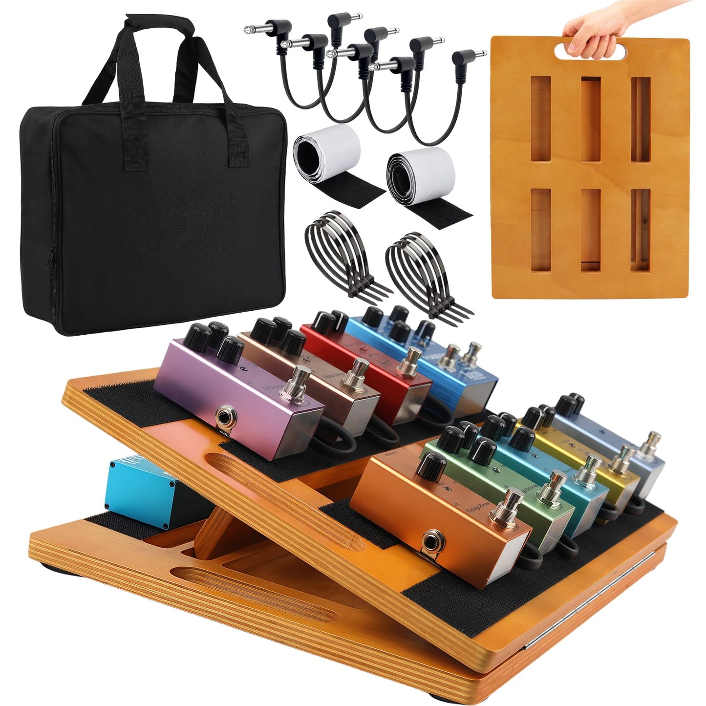 GOGHOST Wooden Guitar Pedal Board 15.75 x 11.8, Foldable Pedalboard 2-Level Adjustable Height Lightweight Pedal Stand, with 4 Pc