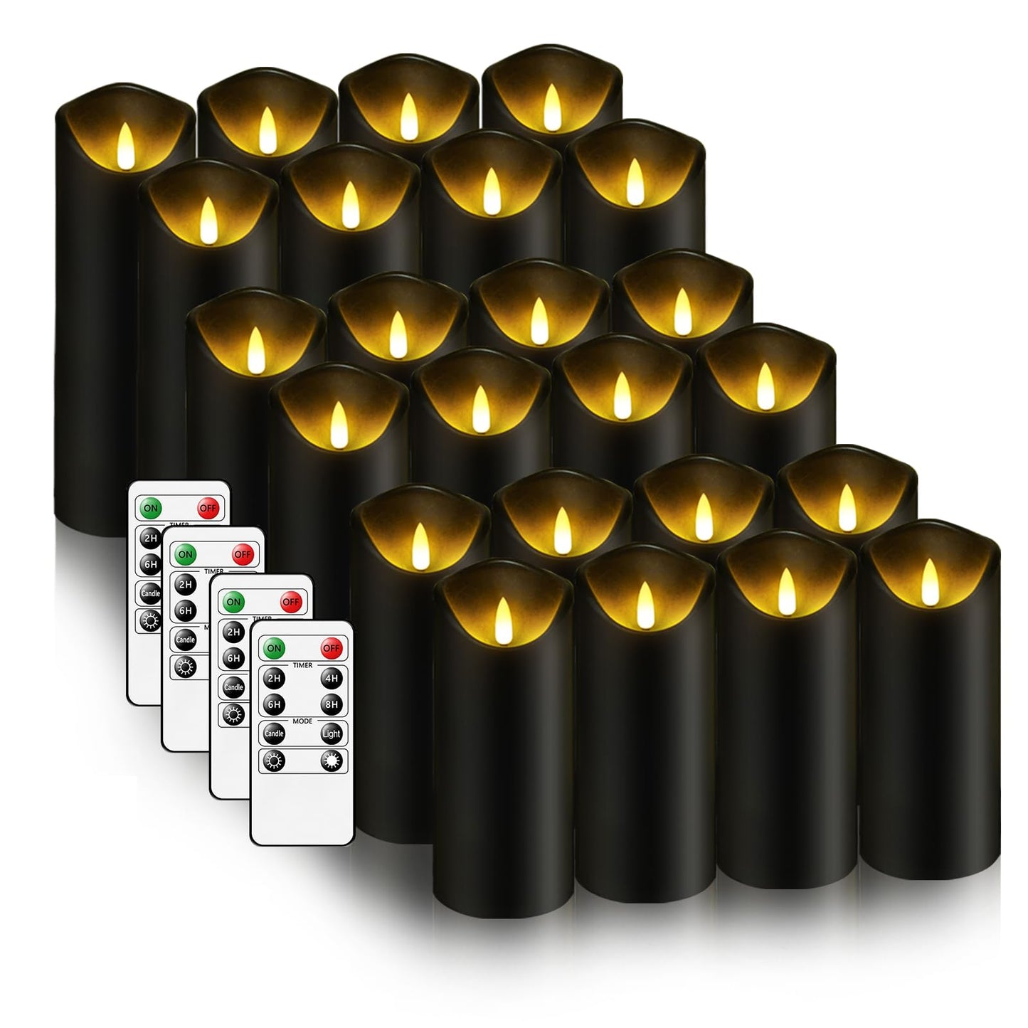 kakoya Flickering Flameless Candles, Battery Operated Plastic LED Pillar Candles with Remote Control and Timer, Set of 24 (Black