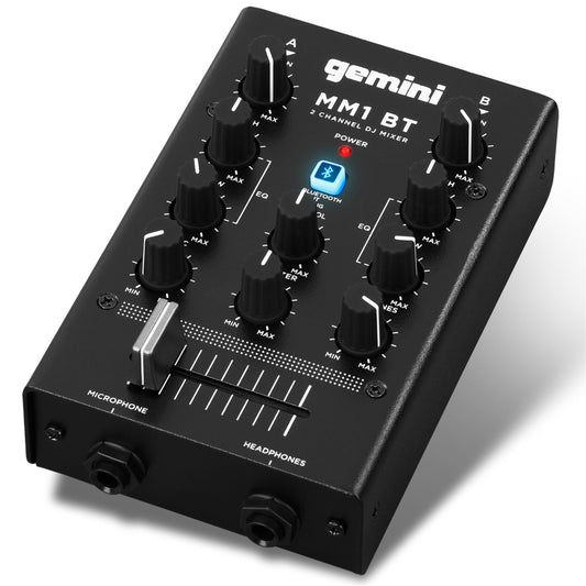 Gemini Portable Bluetooth DJ Mixer - 2-Channel Mini Audio Mixer with Wireless Input, RCA, Mic & Headphone Jacks, EQ & Crossfader
