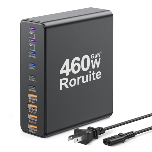 460W USB C Charger Block, 10-Port Charging Station GaN Fast Charger Block Type C & USB A Wall Charger, Dual 65W Laptop Multiport