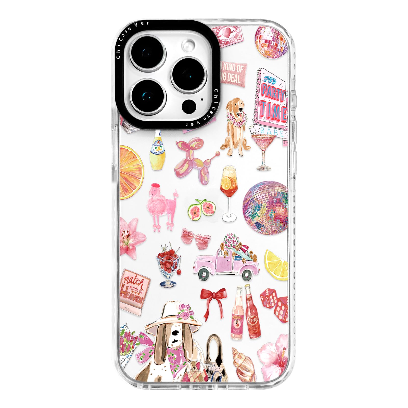 ChiCaseVer for iPhone 15 Pro Case, Party Time Collage Pattern with Girly Pink Cocktails, Military-Grade Drop Protection, Girly P
