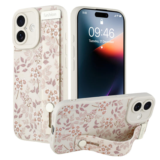 Ufbara Compatible with iPhone 17 Case for Women Men, Cute Flower Floral Pattern, Built in Adjustable Metal Wrist Strap Grip Hand