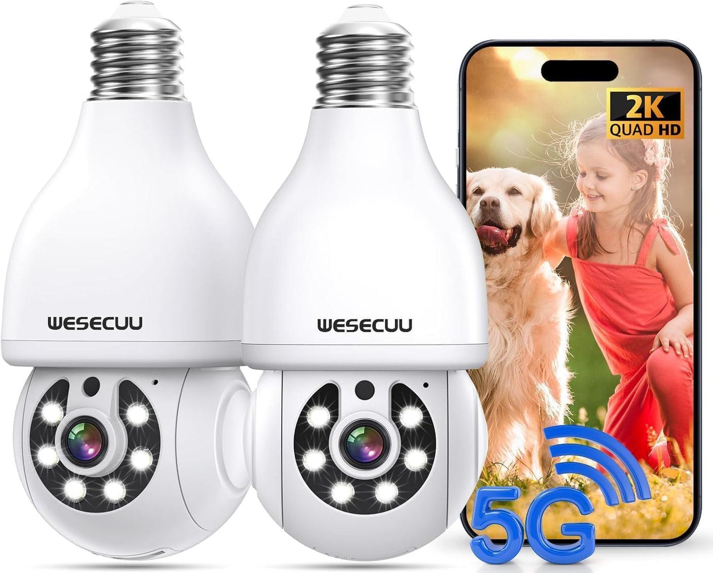 WESECUU Light Bulb Security Camera, 360 WiFi Bulb Camera Indoor/Outdoor, Motion Tracking, AI Detection Alerts, Two-Way Audio, Ea