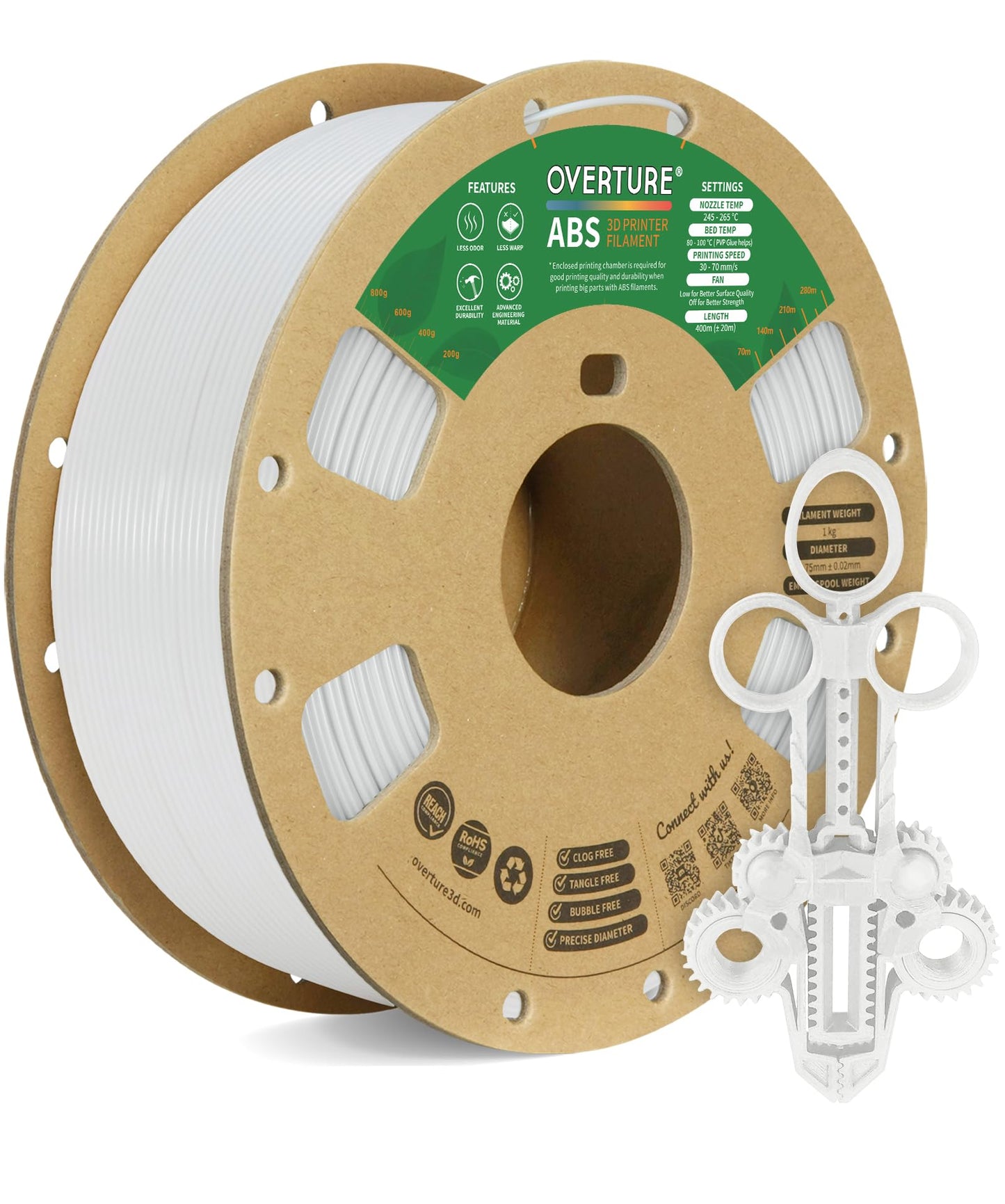 OVERTURE ABS Filament 1.75mm, ABS 1kg Spool (2.2lbs),3D Printer Filament,Dimensional Accuracy +/- 0.02mm, Fit Most FDM Printer(W
