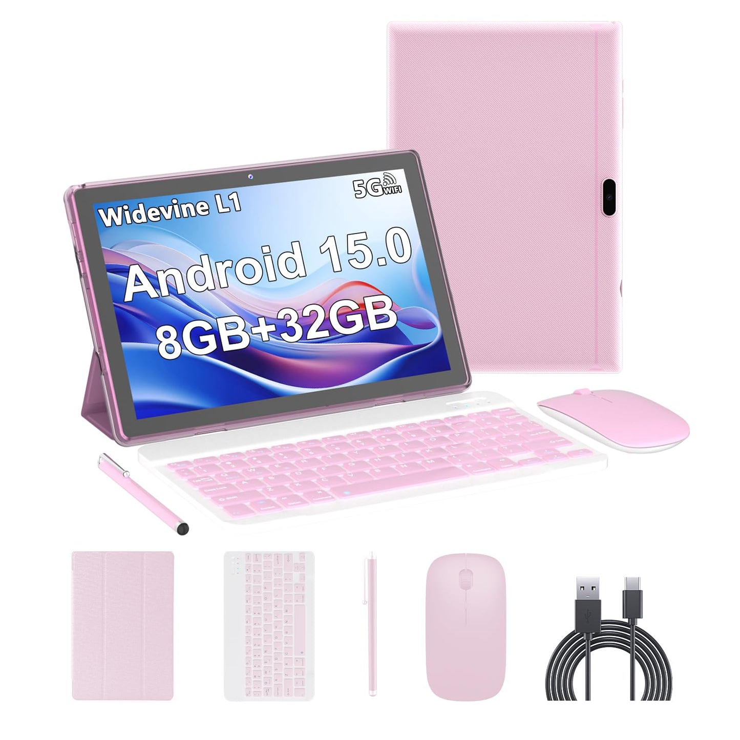Android 15 Tablet,10 inch Tablets, 8GB RAM+32GB ROM/2TB Expandable, 2 in 1 Tablets with Keyboard Case, 1280x800 IPS Display Scre