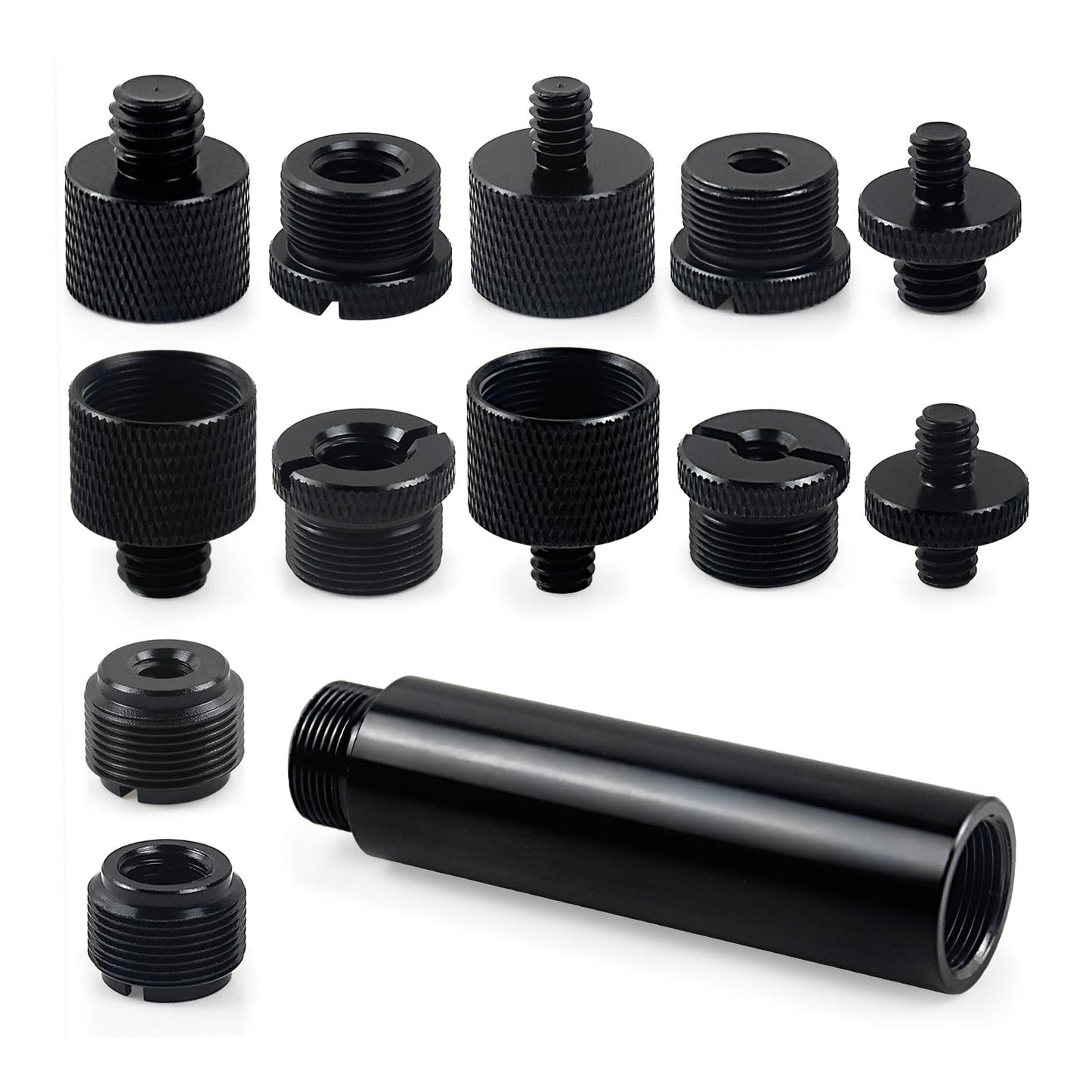 13 Pack Microphone Stand Adapter Screws with Extension Tube,Black Aluminum Alloy,3/8 to 5/8 and 1/4 Threaded Screw Mount for Mic