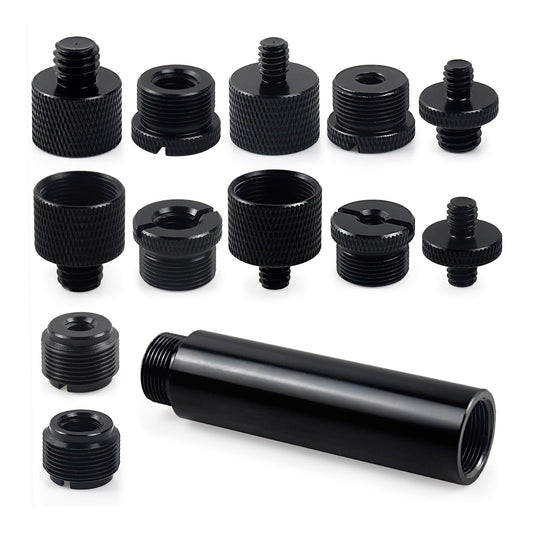 13 Pack Microphone Stand Adapter Screws with Extension Tube,Black Aluminum Alloy,3/8 to 5/8 and 1/4 Threaded Screw Mount for Mic