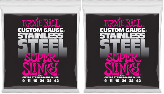 Ernie Ball Super Slinky Stainless Steel Electric Guitar Strings, 9-42 Gauge (P02248) (Pack of 2)