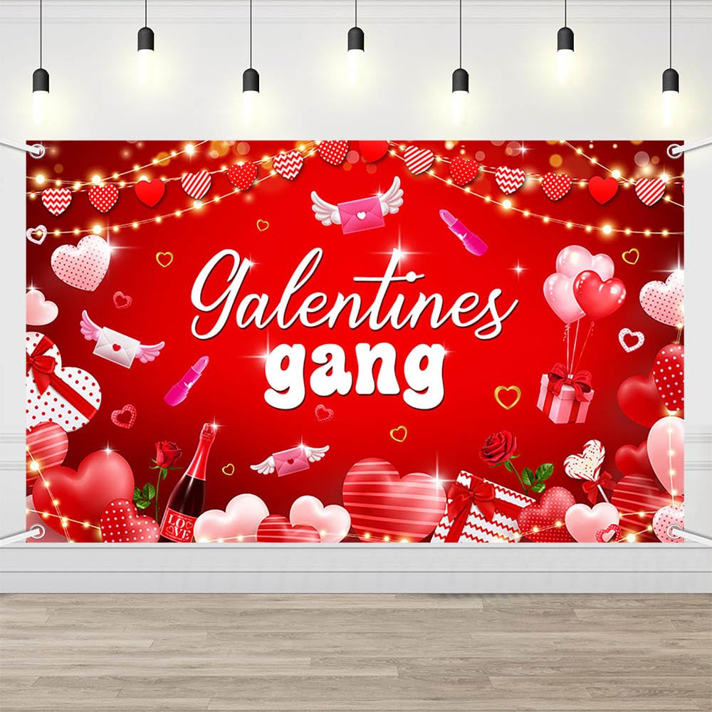 AIBIIN Galentines Day Backdrop 6x3.6ft, Galentines Gang Red Heart Balloon Photo Background for Girls Night, Friends Party, Valen