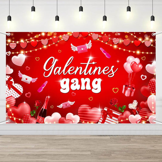 AIBIIN Galentines Day Backdrop 6x3.6ft, Galentines Gang Red Heart Balloon Photo Background for Girls Night, Friends Party, Valen