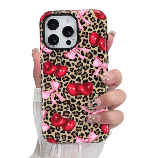 SOKAD Magnetic Cherry Bow Phone Case for iPhone 16 Pro Max, Cute Cherry Pink Bow Vintage Leopard Pattern Compatible with Magsafe