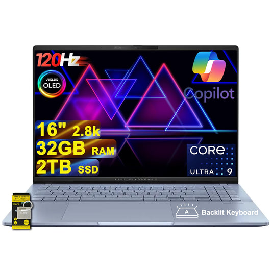 ASUS Vivobook S16 AI PC Laptop 16 2.8k OLED 120Hz (600nits, 100% DCI-P3) Intel 16-core Ultra 9 285H 32GB RAM 2TB SSD Backlit for