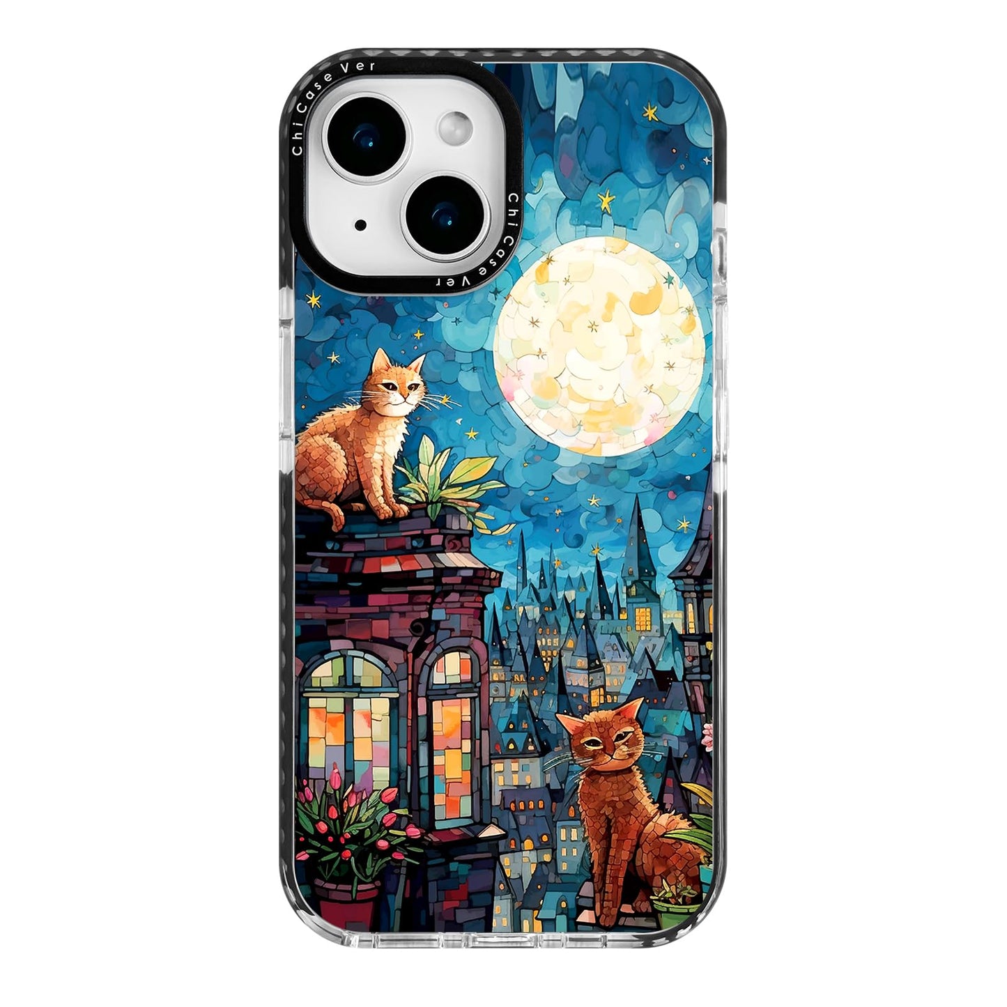 ChiCaseVer for iPhone 14 Case, Starry Night Cats on Rooftop Pattern, Military-Grade Drop Protection, Magical Fantasy Soft Slim T