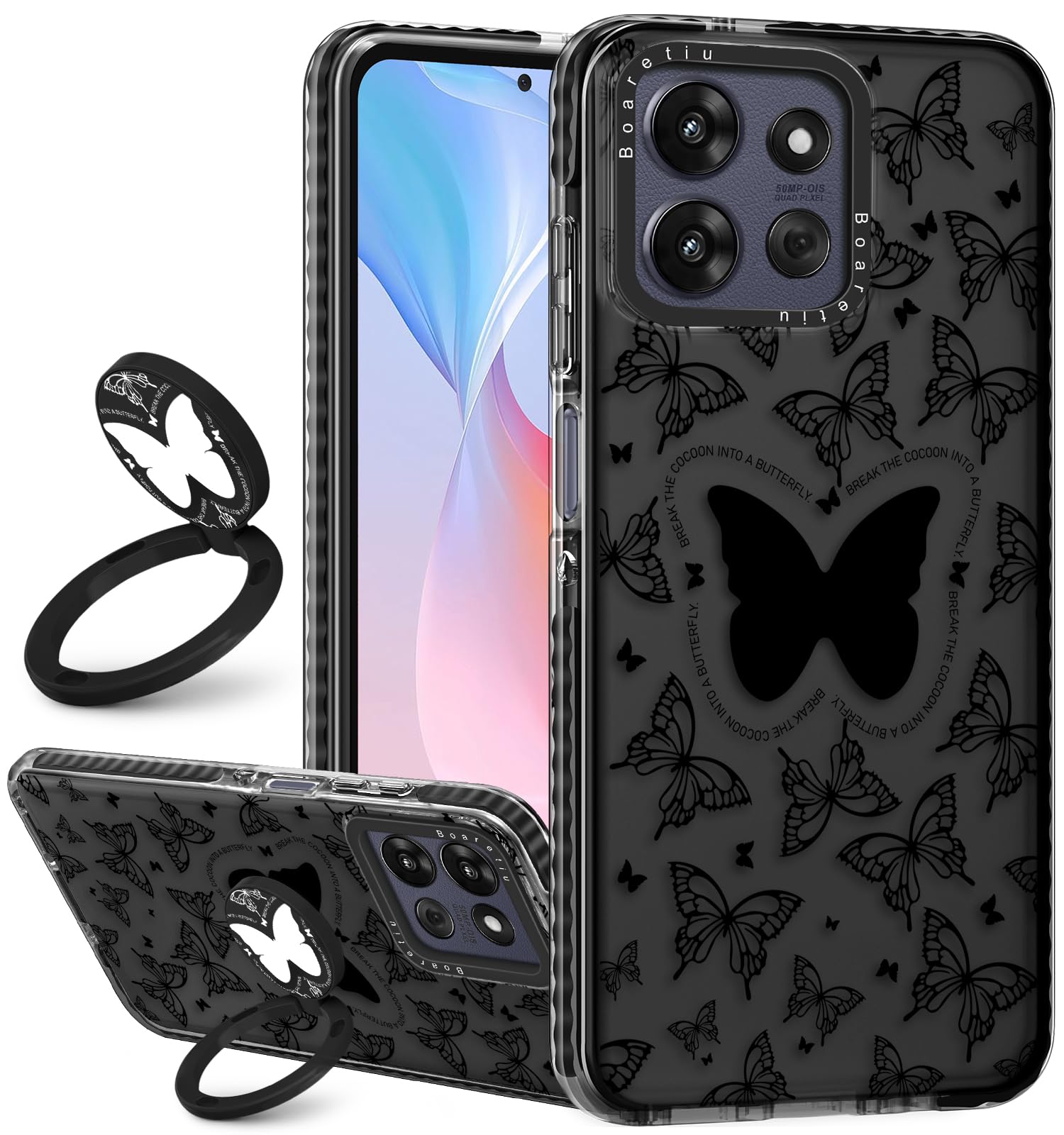 Boaretiu for Motorola Moto G Power/Play 2025 Case - with Stand Cute Kawaii Fashion 360 Rotate Ring Holder Kickstand Black Butter