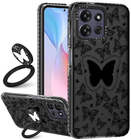 Boaretiu for Motorola Moto G Power/Play 2025 Case - with Stand Cute Kawaii Fashion 360 Rotate Ring Holder Kickstand Black Butter