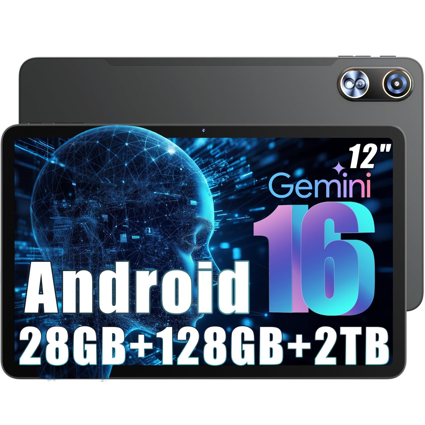 2026 New Android 16 Tablet 12 Inch , 28GB(8+20) RAM + 128GB ROM (2TB Expand), T615 Octa-Core, 2K 2000x1200 IPS Display, 16MP+8MP