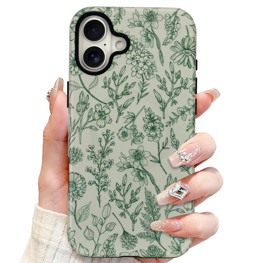 SOKAD Magnetic Sage Floral Phone Case for iPhone 16 Plus, Vintage Green Flower Pattern Compatible with Magsafe Matte Protective