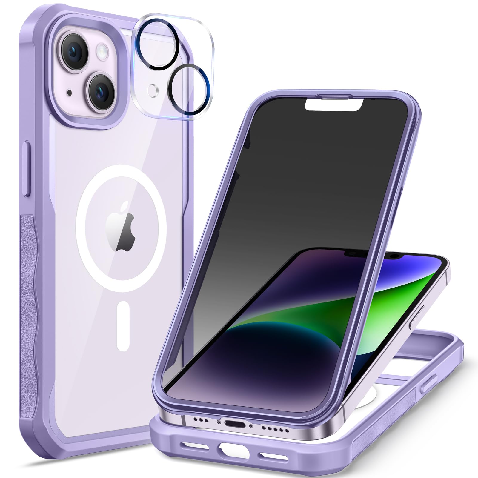 seacosmo for iPhone 14 Plus Case, Full Body Bumper with Built-in 9H Tempered Glass Privacy Screen and Camera Lens Protector, Com