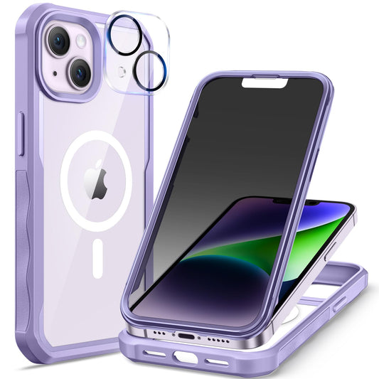 seacosmo for iPhone 14 Plus Case, Full Body Bumper with Built-in 9H Tempered Glass Privacy Screen and Camera Lens Protector, Com
