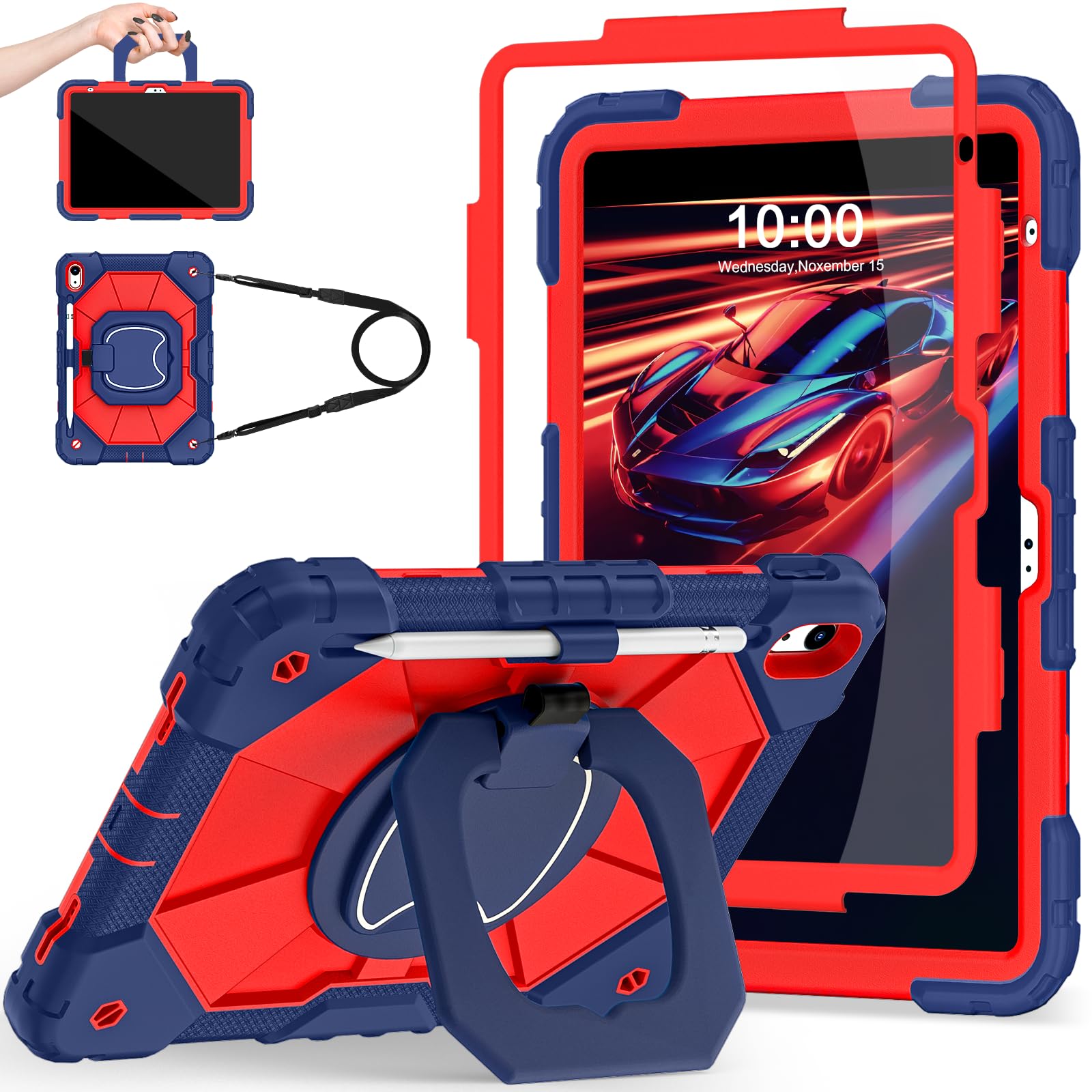 Auizotl Case for iPad (A16) 11th/10th Generation 11.0/10.9 Inch with Screen Protector/360 Rotating Stand/Shoulder Strap/Pencil H