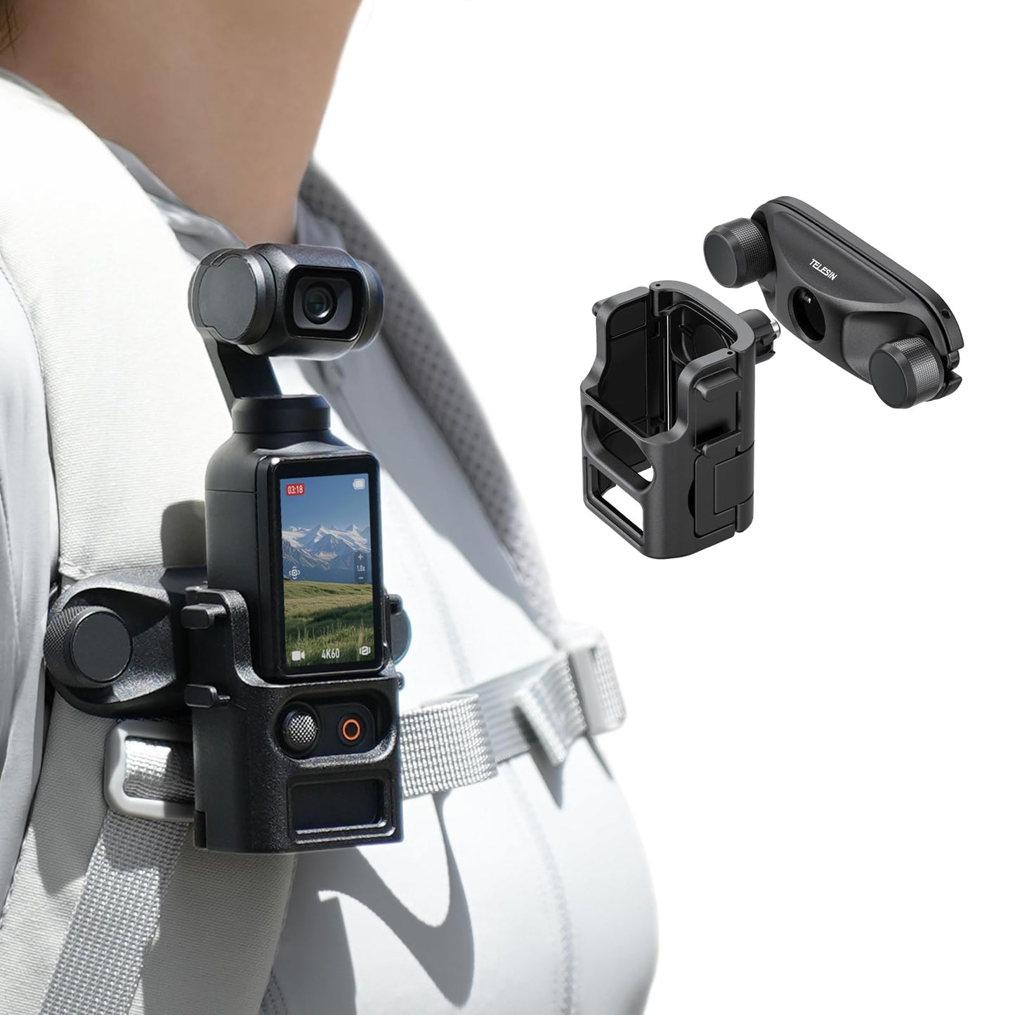 TELESIN Quick Release Backpack Clip Mount for DJI Osmo Pocket 3/Xtra Muse, One-Handed Quick Release Holder Outdoor POV DJI Osmo