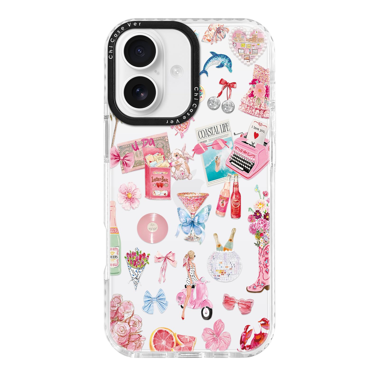 ChiCaseVer for iPhone 16 Case, Coastal Romance Collage Pattern with Pink Motifs, Military-Grade Drop Protection, Trendy Glamorou