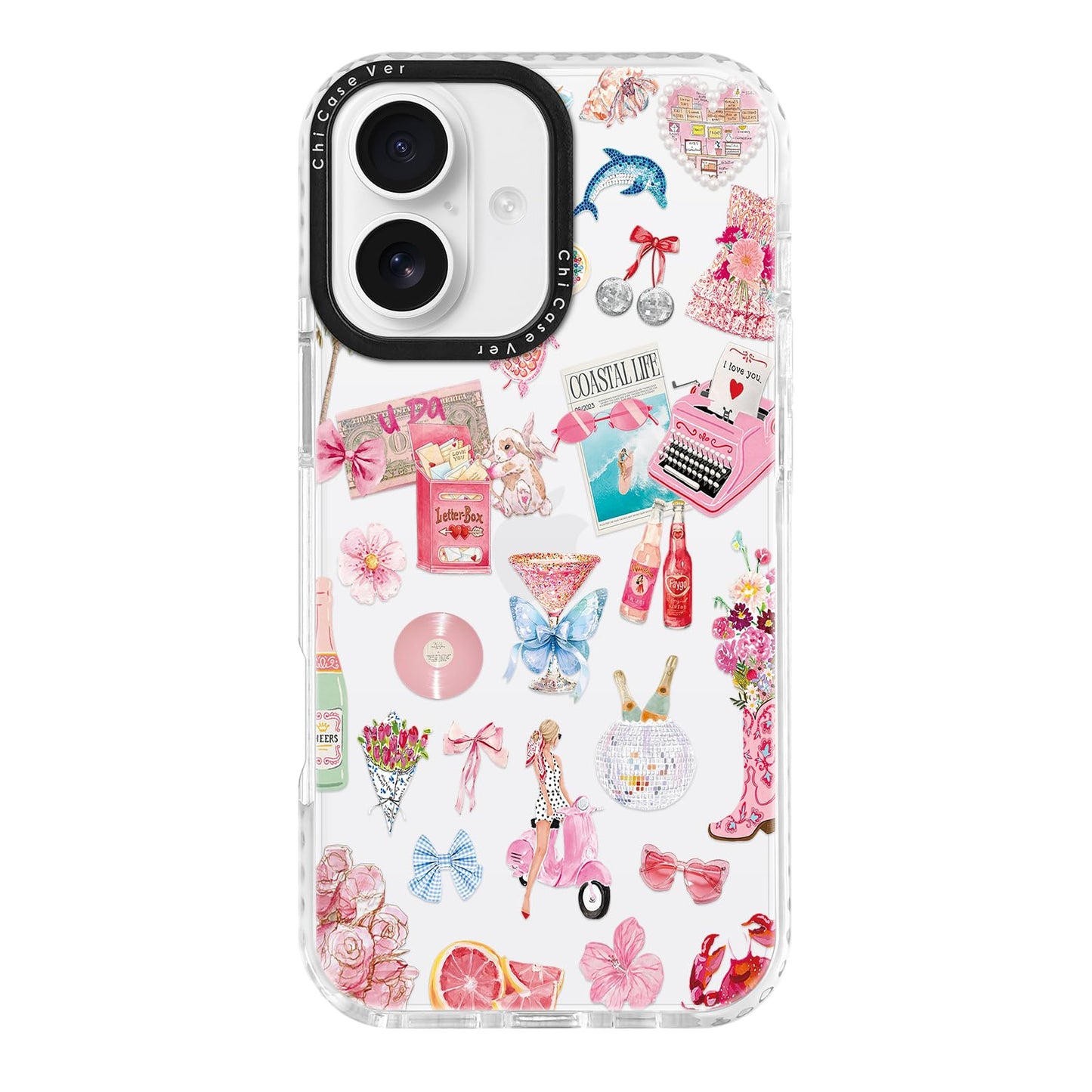 ChiCaseVer for iPhone 16 Plus Case, Coastal Romance Collage Pattern with Pink Motifs, Military-Grade Drop Protection, Trendy Gla