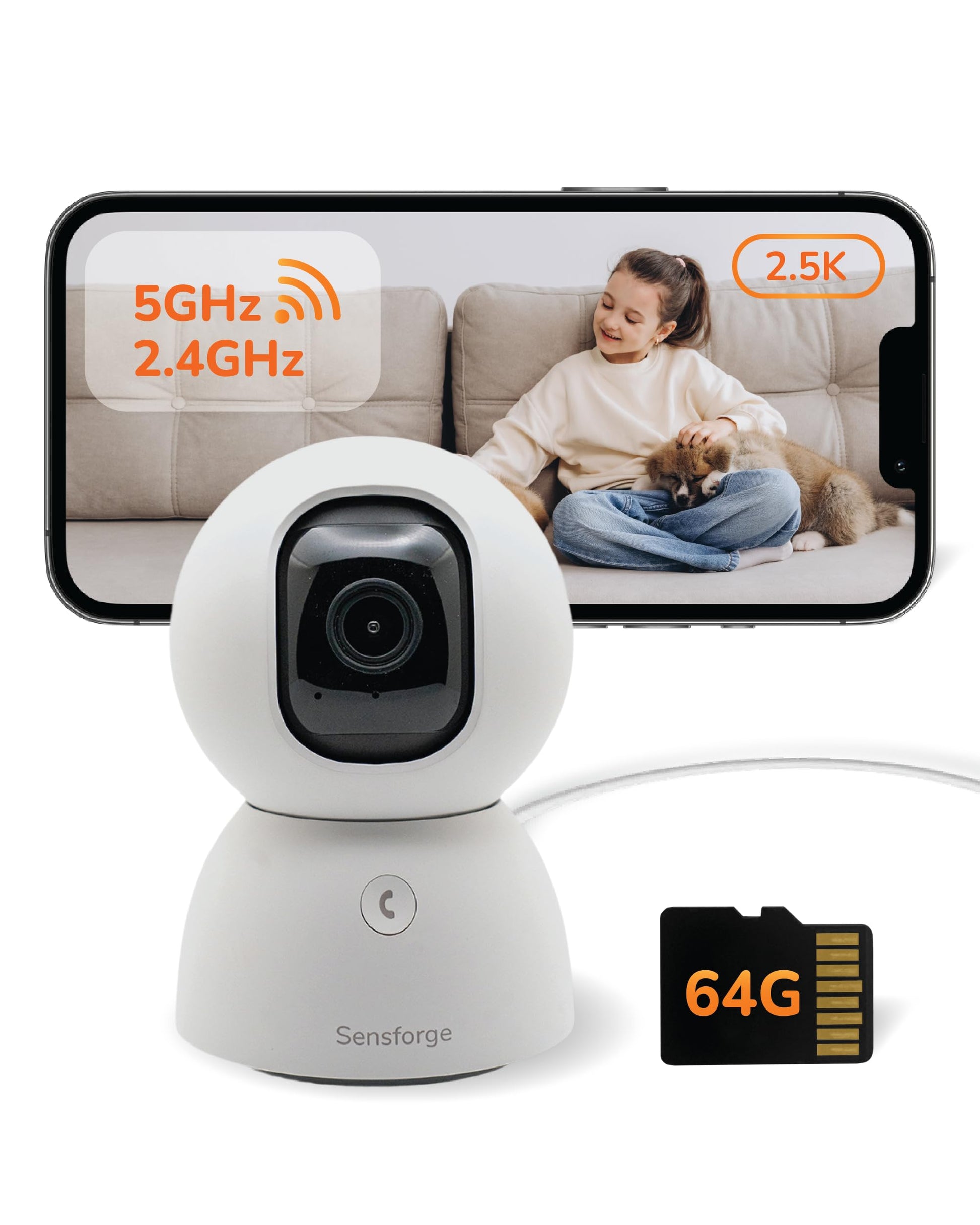Sensforge 2.5K Indoor Pan-Tilt Dome Security Camera, AI Human & Pet Detection, 360 Coverage, Two-Way Audio, Dual-Band Wi-Fi (2.4