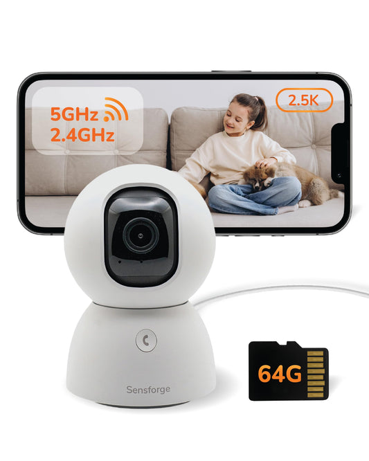 Sensforge 2.5K Indoor Pan-Tilt Dome Security Camera, AI Human & Pet Detection, 360 Coverage, Two-Way Audio, Dual-Band Wi-Fi (2.4