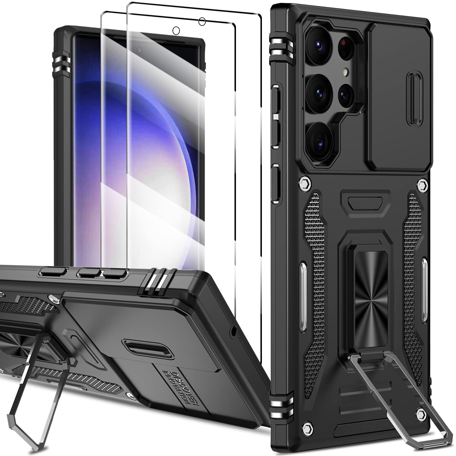 KTUOHU Case for Samsung Galaxy S23 Ultra, with [Slide Camera Cover] [2X Screen Protector] [Rotate Ring Kickstand] Military Grade