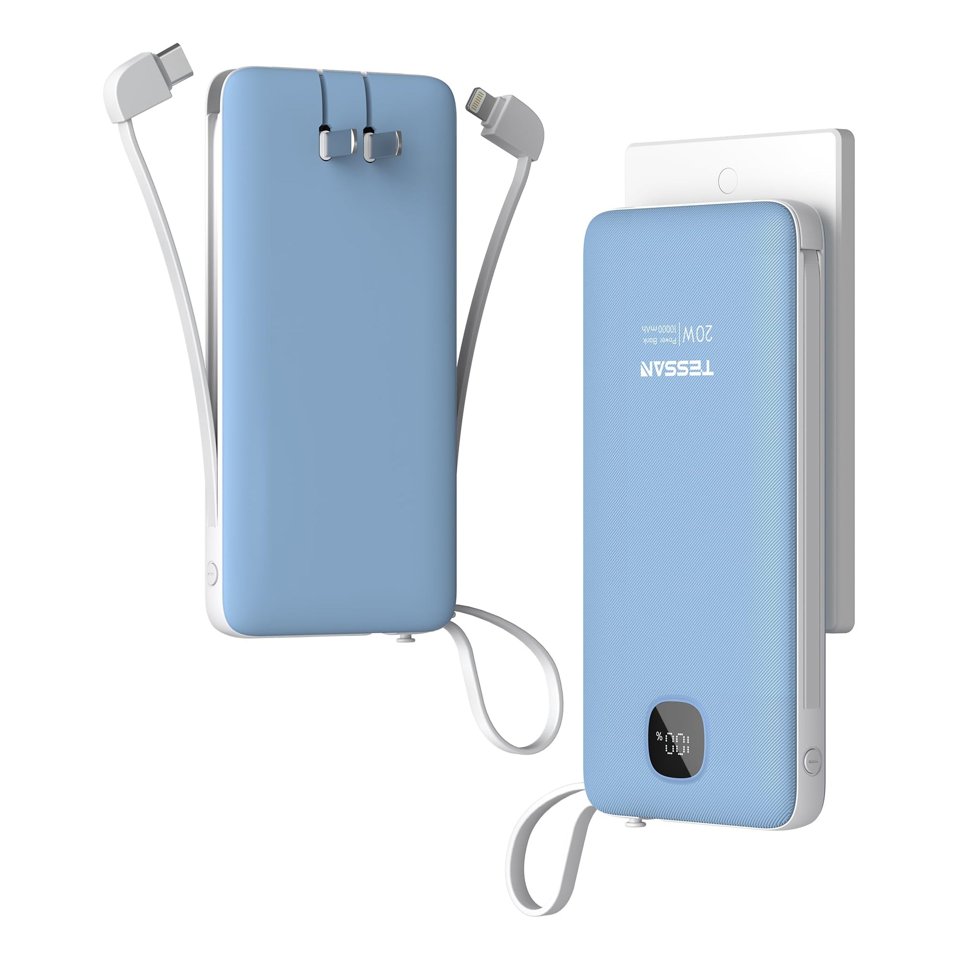 TESSAN Portable Charger with Built in Cables, 10000mAh Power Bank Fast Charging with Foldable AC Plug, PD20W Compact Battery Pac