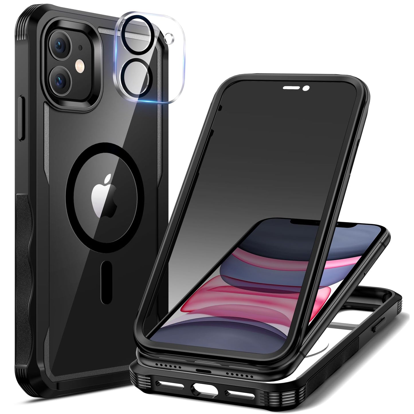 seacosmo for iPhone 11 Case, Full Body Bumper with Built-in 9H Tempered Glass Privacy Screen Protector and Camera Lens Protector