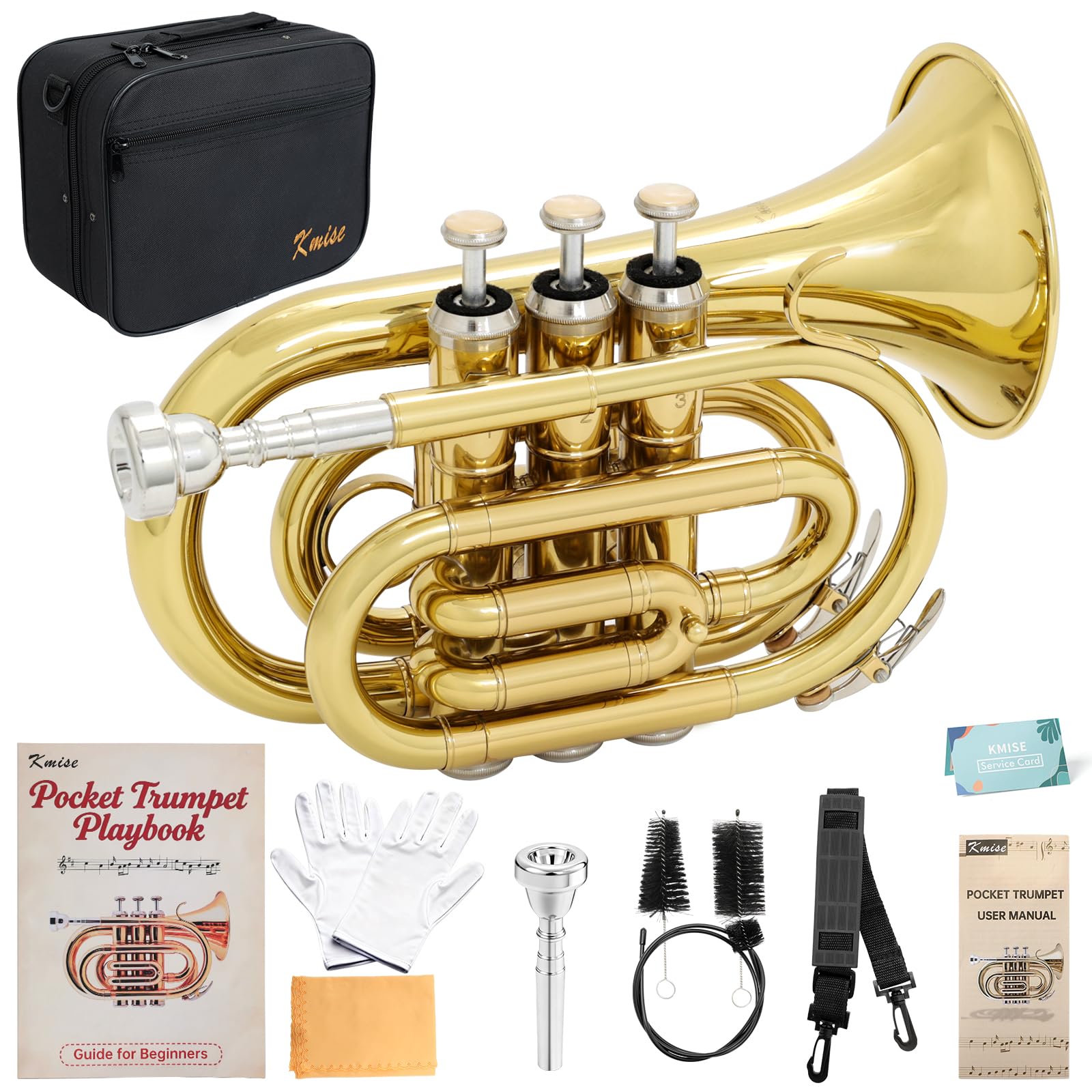 Kmise Bb Portable Pocket Trumpet, Premium Brass Mini Trumpets for Students Beginners, Trumpet Instrument Set with Sturdy Case, 7